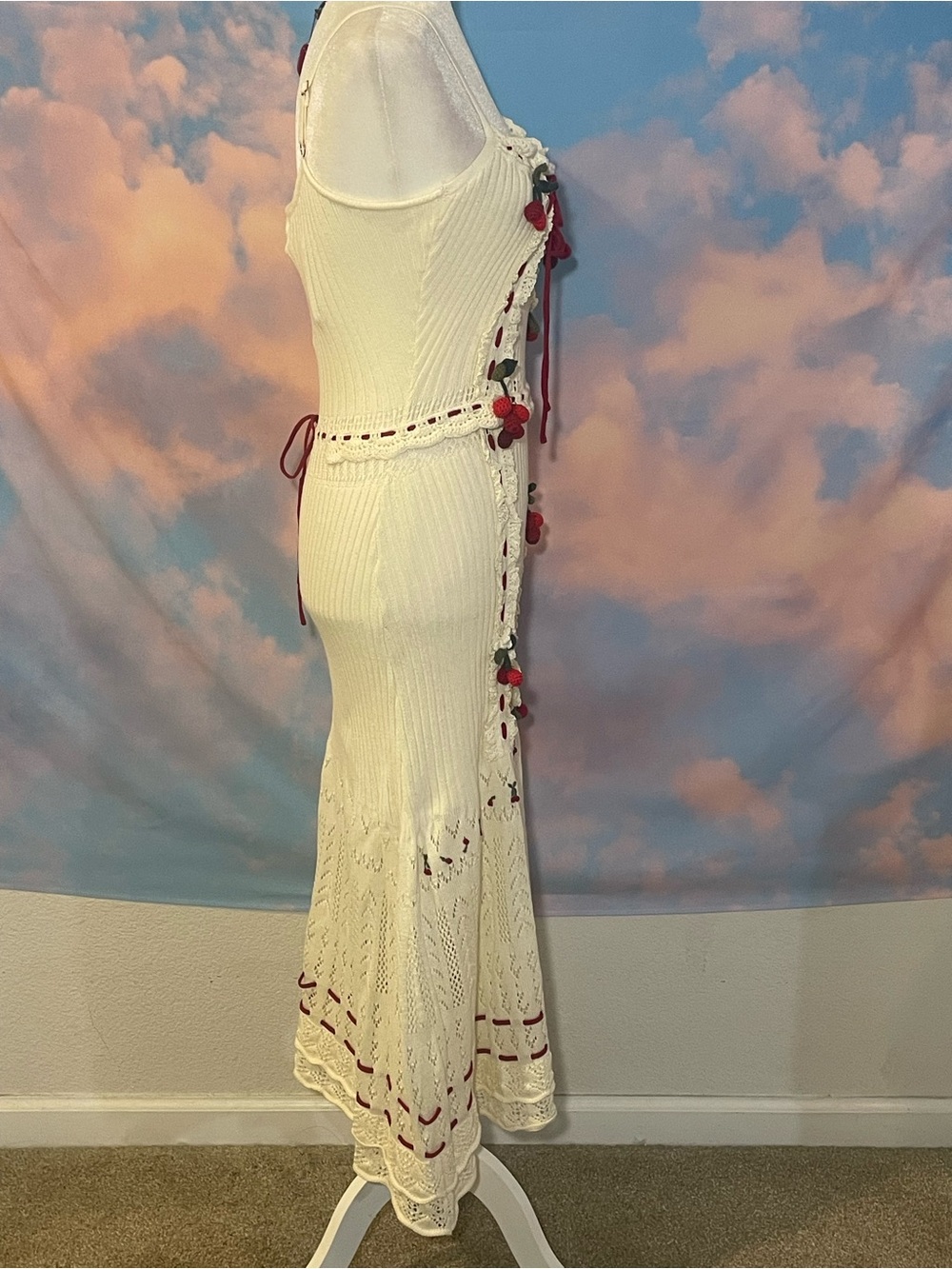 NWT: Gorgeous Lace Made Cream Knit w/Red Ribbon & Cherry Crochet Details - Picture 3 of 15